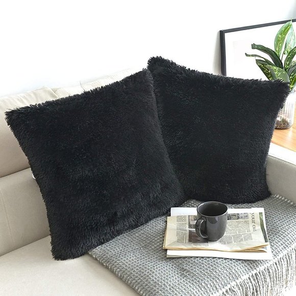 Black Luxury Furry Farmhouse Adorable Trendy Bed Throw Pillow Decor Cover Set - Picture 3 of 6